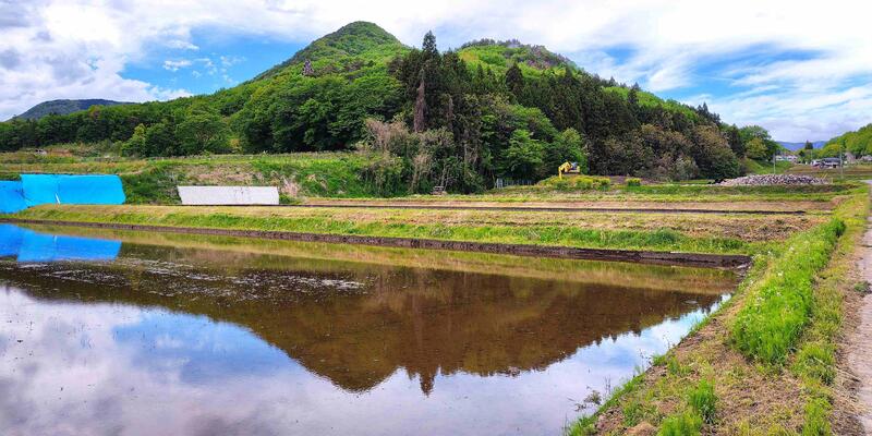 水田に映る戸神山